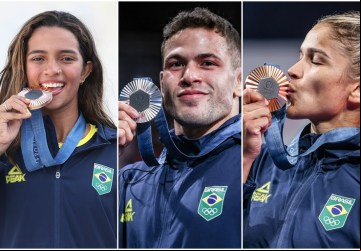 Rayssa Leal do skate street, Willian Lima e Larissa Pimenta, do judô. Os primeiros pódios brasileiros em Paris. Foto: COB